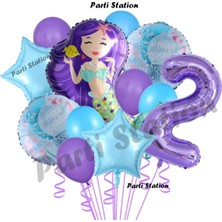 Parti Station Deniz Kızı 2 Yaş Mor Renk Doğum Günü Konsept Balon Set Mermaid Balloon Set