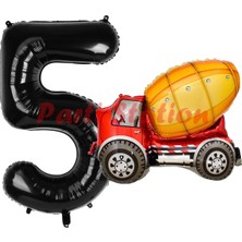 Parti Station Inşaat Mikser Kamyonu Balon 5 Yaş Doğum Günü Balon Set Iş Makinaları Konsept ve Siyah Rakam Balon