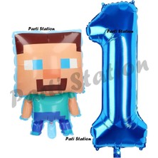Parti Station Minecraft Balon 1 Yaş Doğum Günü Set Minecraft Konsept Balon ve Lacivert Rakam Balon