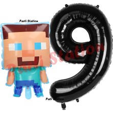 Parti Station Minecraft Balon 9 Yaş Doğum Günü Set Minecraft Konsept Balon ve Siyah Rakam Balon