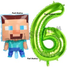 Parti Station Minecraft Balon 6 Yaş Doğum Günü Set Minecraft Konsept Balon ve Yeşil Rakam Balon