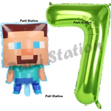 Parti Station Minecraft Balon 7 Yaş Doğum Günü Set Minecraft Konsept Balon ve Yeşil Rakam Balon