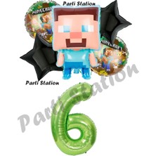 Parti Station Minecraft Balon 6 Yaş Doğum Günü Set Minecraft Konsept Yıldız Balon ve Yeşil Rakam Balon