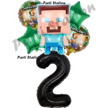 Parti Station Minecraft Balon 2 Yaş Doğum Günü Set Minecraft Konsept Yıldız Balon ve Siyah Rakam Balon