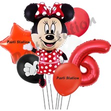 Parti Station Minnie Mouse 6 Yaş Doğum Günü Set Minnie Mouse Konsept Balon ve Kırmızı Rakam Balon