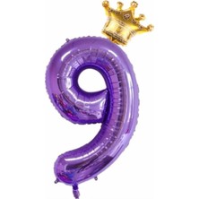 Parti Station Mor Renk 9 Yaş Rakam Balon Mor Renk Helyum Balon Mor Rakam Balon Mor Taçlı Rakam Balon 80CM