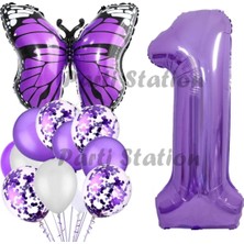 Parti Station Mor Kelebek Konsept 1 Yaş Balon Set Butterfly Kelebek Mor Rakam Balon Parti Doğum Günü Balon Set
