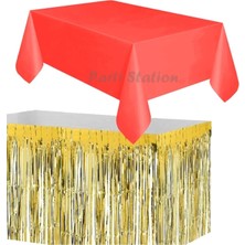 Parti Station Masa Örtüsü Set Plastik Kırmızı Renk Masa Örtüsü Altın Gold Renk Metalize Sarkıt Masa Eteği Set