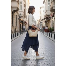 Minusa Design Asimetrik  Beli Lastikli Muz Krep Çift Katlı Rahat Kalıp Kadın Etek