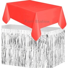 Parti Station Masa Örtüsü ve Etek Set Plastik Kırmızı Renk Masa Örtüsü Gümüş Renk Metalize Sarkıt Masa Eteği Set
