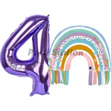Parti Station Gökkuşağı 4 Yaş Balon Set Mermaid Rainbow Konsept Balon ve Mor Rakam Balon