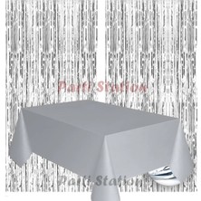 Parti Station 2 Adet Gümüş Gri Renk Metalize Arka Fon Perdesi ve 1 Adet Plastik Gümüş Gri Renk Masa Örtüsü Set
