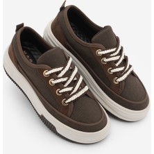 Marjin Kadın Yüksek Kalın Taban Sneaker Bağcıklı Spor Ayakkabı Hesna Kahve Keten