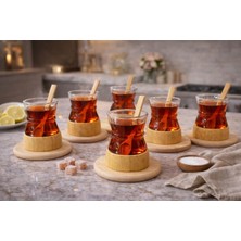 6'lı Borosilikat Cam Bambu Tabaklı ve Kaşıklı Çay Bardağı Seti