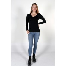Teen Blood Kadın Siyah V Yaka Uzun Kollu Body