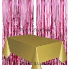 Parti Station 2 Adet Pembe Renk Metalize Arka Fon Perdesi ve 1 Adet Plastik Altın Gold Renk Masa Örtüsü Set