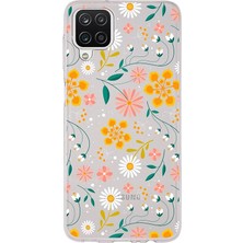 Leaf Shop Samsung Galaxy A12 ile Uyumlu Kapak Çiçek Tasarımlı 1mm Fit Şeffaf Silikon Kılıf