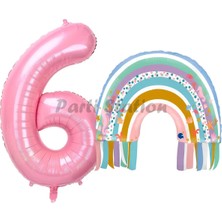 Parti Station Gökkuşağı 6 Yaş Balon Set Mermaid Rainbow Konsept Balon ve Pembe Rakam Balon
