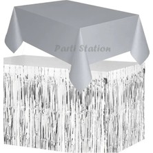 Parti Station Masa Örtüsü ve Masa Eteği Set Plastik Gri Renk Masa Örtüsü Gümüş Renk Metalize Sarkıt Masa Eteği Set