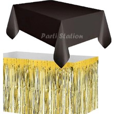 Parti Station Masa Örtüsü ve Masa Eteği Set Plastik Siyah Renk Masa Örtüsü Gold Altın Renk Metalize Masa Eteği Set