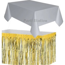 Parti Station Masa Örtüsü ve Eteği Set Plastik Gri Renk Masa Örtüsü Altın Gold Renk Metalize Sarkıt Masa Eteği Set
