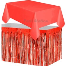 Parti Station Masa Örtüsü Set Plastik Kırmızı Renk Masa Örtüsü Kırmızı Renk Metalize Sarkıt Masa Eteği Set