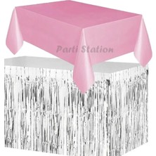 Parti Station Masa Örtüsü ve Etek Set Plastik Pembe Renk Masa Örtüsü Gümüş Renk Metalize Sarkıt Masa Eteği Set