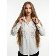 Ribana Classic Kadın Önü Nakışlı Yazlık Dokuma Kumaş Boyfriend  Gömlek 4713