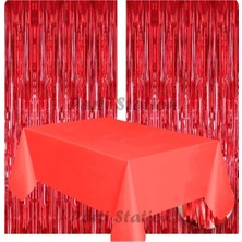 Parti Station 2 Adet Kırmızı Renk Metalize Arka Fon Perdesi ve 1 Adet Plastik Kırmızı Renk Masa Örtüsü Set