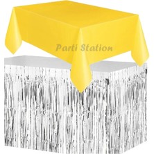 Parti Station Masa Örtüsü ve Masa Eteği Set Plastik Sarı Renk Masa Örtüsü Gümüş Renk Metalize Masa Eteği Set