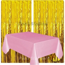 Parti Station 2 Adet Altın Gold Renk Metalize Arka Fon Perdesi ve 1 Adet Plastik Pembe Renk Masa Örtüsü Set