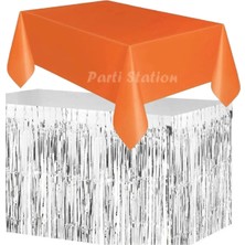 Parti Station Masa Örtüsü ve Masa Eteği Set Plastik Turuncu Renk Masa Örtüsü Gümüş Renk Metalize Masa Eteği Set
