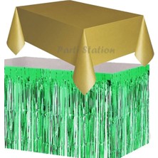 Parti Station Masa Örtüsü Masa Eteği Plastik Altın Gold Renk Masa Örtüsü Yeşil Renk Metalize Sarkıt Masa Eteği Set