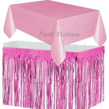 Parti Station Masa Örtüsü ve Etek Set Plastik Pembe Renk Masa Örtüsü Pembe Renk Metalize Sarkıt Masa Eteği Set