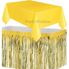 Parti Station Masa Örtüsü ve Etek Set Plastik Sarı Renk Masa Örtüsü Altın Gold Renk Metalize Sarkıt Masa Eteği Set