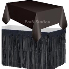 Parti Station Masa Örtüsü ve Masa Eteği Set Plastik Siyah Renk Masa Örtüsü Siyah Renk Metalize Masa Eteği Set