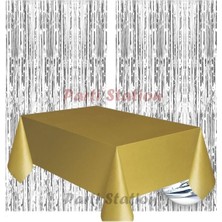 Parti Station 2 Adet Gümüş Gri Renk Metalize Arka Fon Perdesi ve 1 Adet Plastik Gold Altın Renk Masa Örtüsü Set