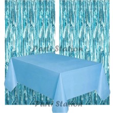 Parti Station 2 Adet Mavi Renk Metalize Arka Fon Perdesi ve 1 Adet Plastik Mavi Renk Masa Örtüsü Set