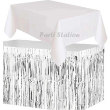 Parti Station Masa Örtüsü ve Masa Eteği Plastik Beyaz Renk Masa Örtüsü Gümüş Renk Metalize Sarkıt Masa Eteği Set