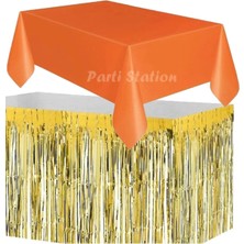 Parti Station Masa Örtüsü ve Eteği Set Plastik Turuncu Renk Masa Örtüsü Gold Altın Renk Metalize Masa Eteği Set