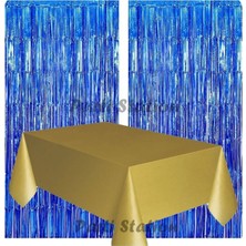 Parti Station 2 Adet Lacivert Renk Metalize Arka Fon Perdesi ve 1 Adet Plastik Altın Gold Renk Masa Örtüsü Set