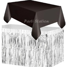 Parti Station Masa Örtüsü ve Masa Eteği Set Plastik Siyah Renk Masa Örtüsü Gümüş Renk Metalize Masa Eteği Set