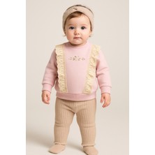 Chicsy Baby Kız Bebek Dantelli Çiçek Nakışlı 2’li Sweatshirt ve Ribana Pantolon Takım