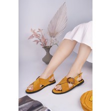 Sy Leather Dream Model Hakiki Deri Rengi Çapraz Bant Büyük Süs Tokalı Kadın Günlük Sandalet