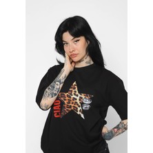 Sekizbiraltı Ciao Yıldız Baskılı Oversize Unisex Siyah Tshirt