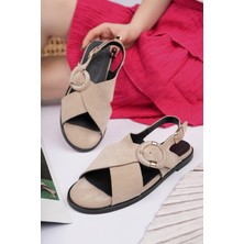 Sy Leather Dream Model Hakiki Deri Rengi Çapraz Bant Büyük Süs Tokalı Kadın Günlük Sandalet