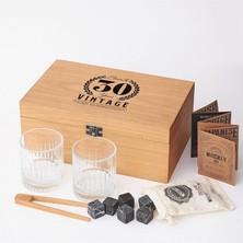 Leaf Shop 30 Yaş Tasarımlı Ahşap Kutulu 2'li Glasgow Viski Kadeh Seti + 6 Soğutucu Taş