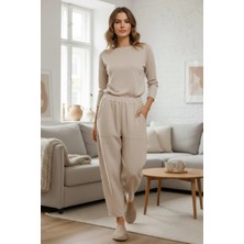 Mossta Yüksek Bel Beli Lastikli Rahat Kalıp Pantolon - Bej