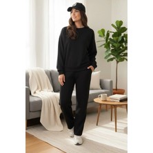 Mossta Rahat Kalıp Bisiklet Yaka Viskon Iki Iplik Bluz Pantolon Ikili Takım - Siyah