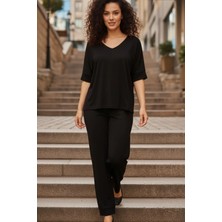 Mossta V Yaka Yarasa Kol Salaş Viskon Ikili Takım - Siyah